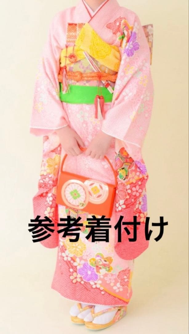 七五三 着物(7才花柄 ピンク系)、長襦袢、前板、伊達締め、しごき、足袋19cm