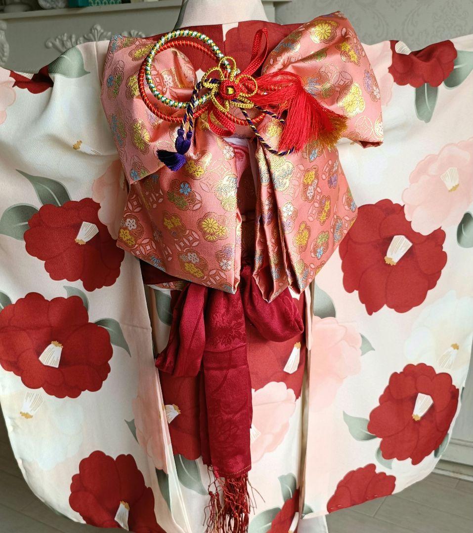 新品☆クリーム色に大きな椿の花模様が素敵な着物に作り帯☆七五三フルセット