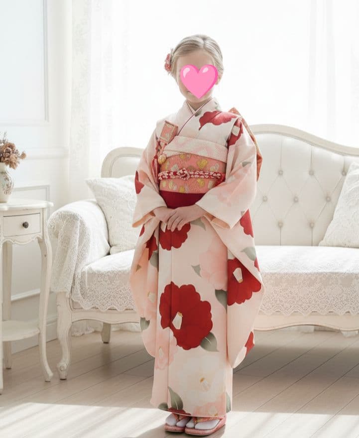 新品☆クリーム色に大きな椿の花模様が素敵な着物に作り帯☆七五三フルセット