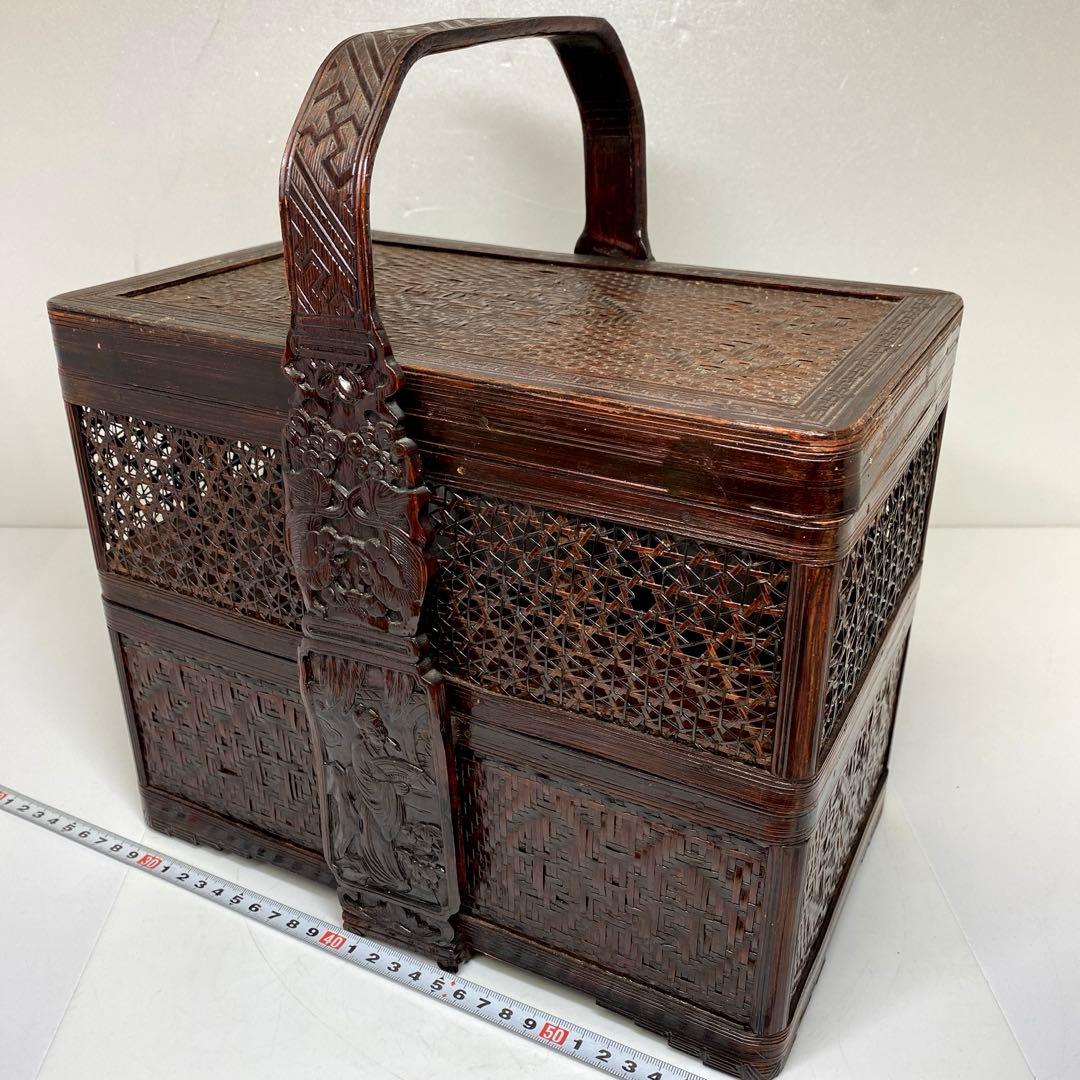 時代　竹編提藍　持ち手込高さ33.5㎝　東Y7-0217②トヒチサ