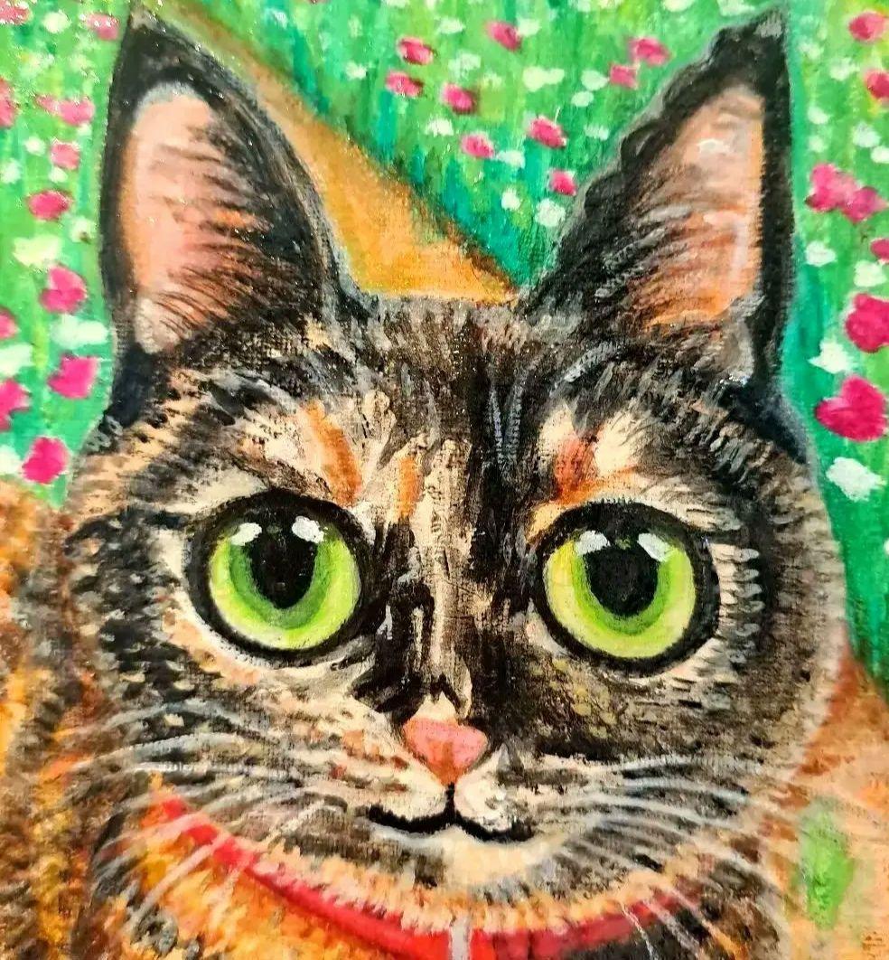 キャンバス油絵　専用　サビ猫ジジちゃんのわくわく散歩♪♪