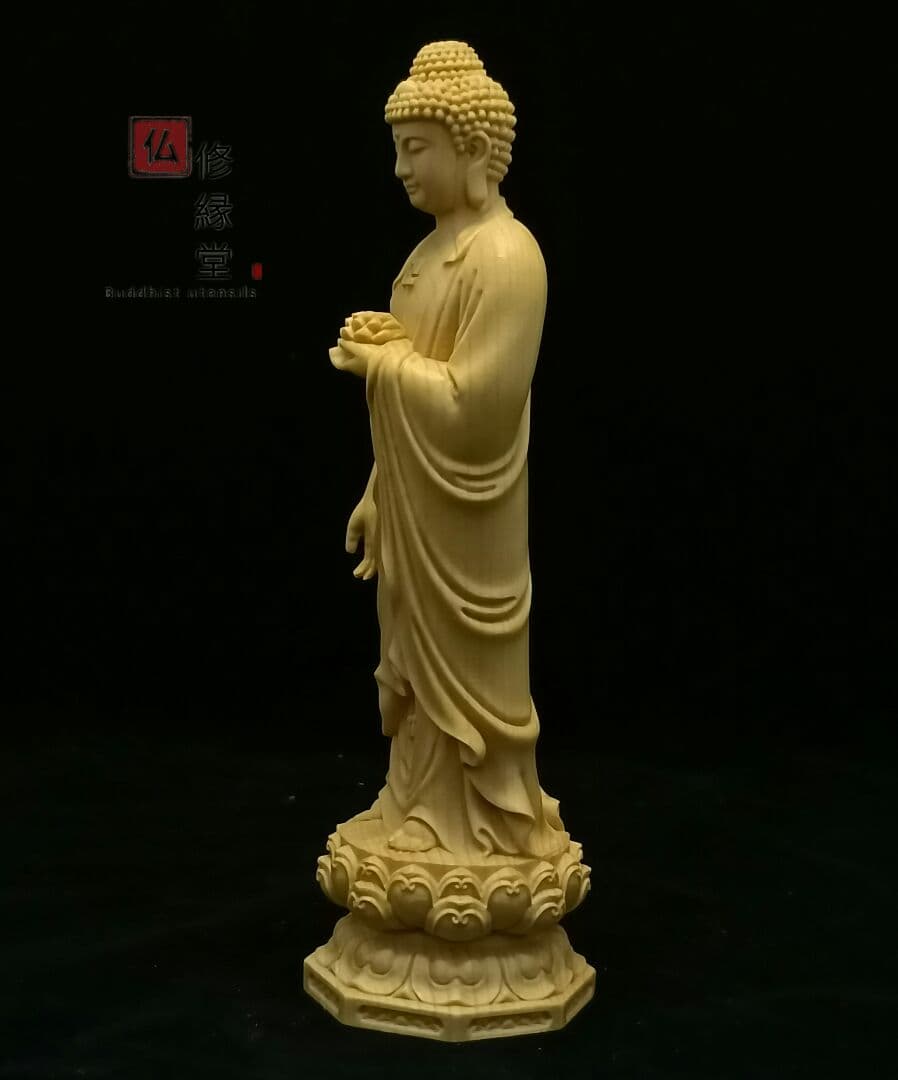 【修縁堂】木彫り 仏像 阿弥陀如来立像 阿弥陀仏 彫刻 仏教工芸品 柘植材