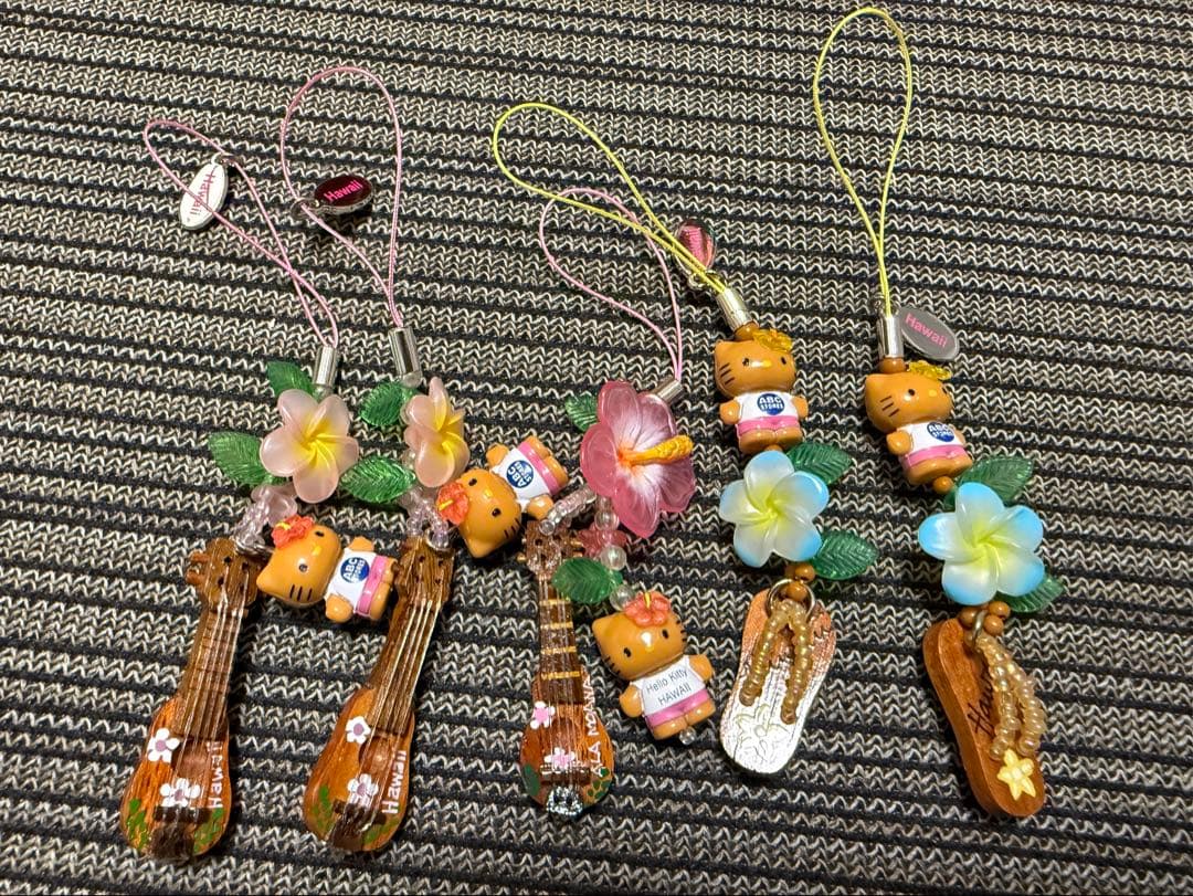 ご当地　日焼けキティギターウクレレサンダルkitty 根付けストラップ 5点