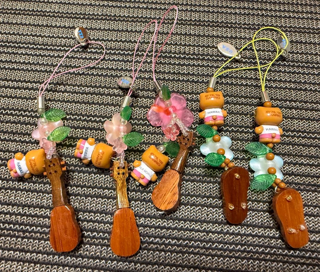 ご当地　日焼けキティギターウクレレサンダルkitty 根付けストラップ 5点