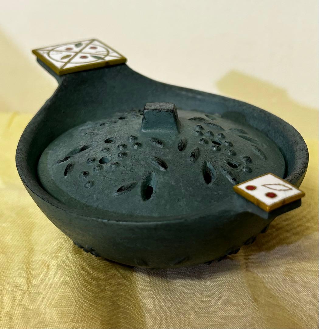 1989年製 石黒 鏘ニ 作 青銅製 手付 香炉「南天」