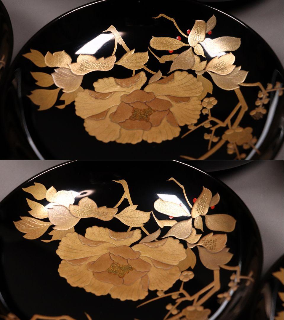 時代木製漆器 加賀蒔絵 牡丹 梅 草花 高蒔絵 黒塗椀 二客 漆芸 CL55