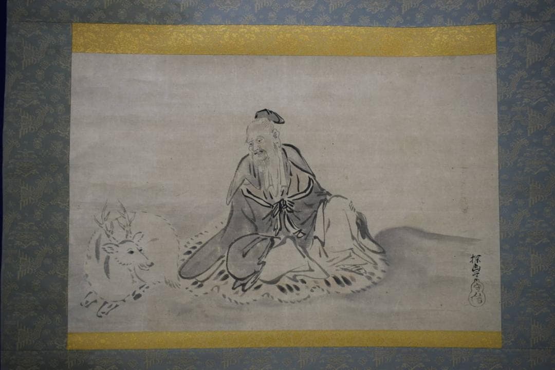 真作/狩野探幽/寿老人図/布袋屋掛軸HH-637