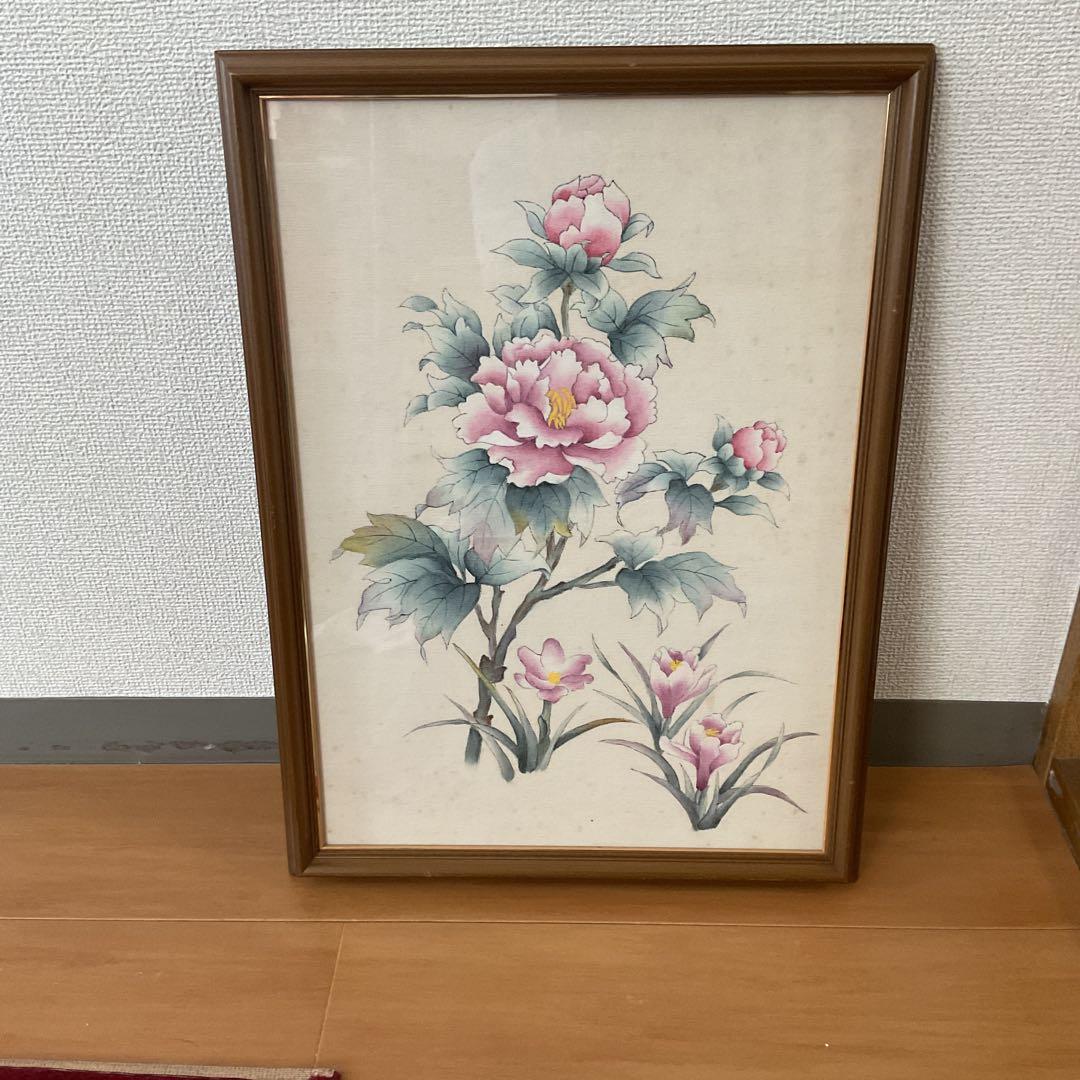 プリント画 【 布 本 】 牡丹図に百合科花 木枠額装 前面ガラス仕様