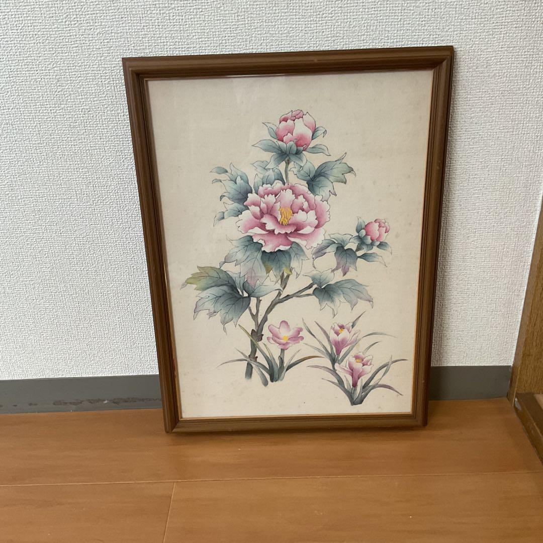 プリント画 【 布 本 】 牡丹図に百合科花 木枠額装 前面ガラス仕様