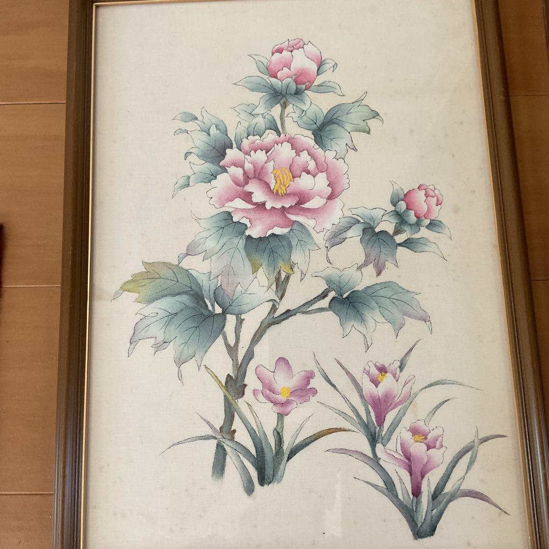 プリント画 【 布 本 】 牡丹図に百合科花 木枠額装 前面ガラス仕様