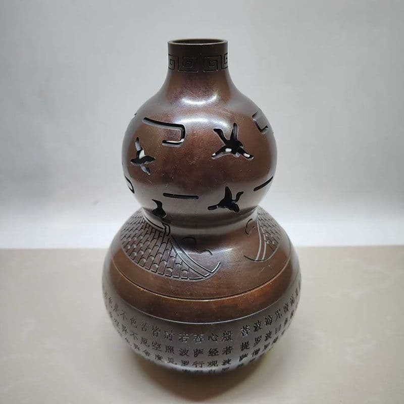 銅製 香炉 透かし彫り心経瓢簞香炉 室内 茶台 書房 薫香炉 装飾品 工芸品置物