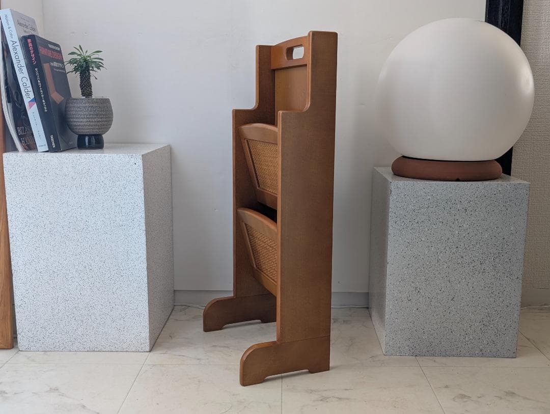 オールドカリモク ビンテージ マガジンラック 2段 ウッド×ラタン 美品