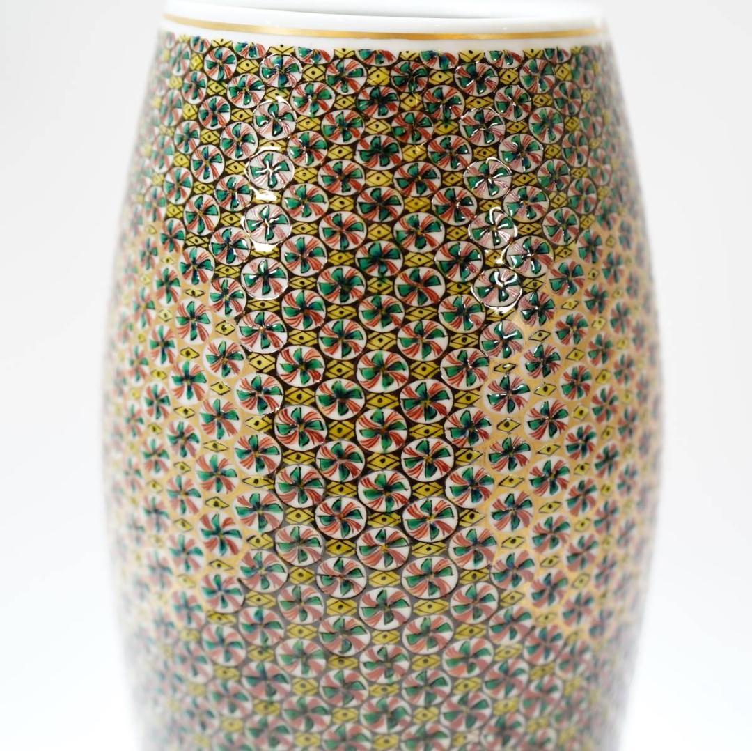 NA3410 九谷焼 北出塔次郎作 錦繍手更紗図 花生 高さ28.5㎝ 2重共箱