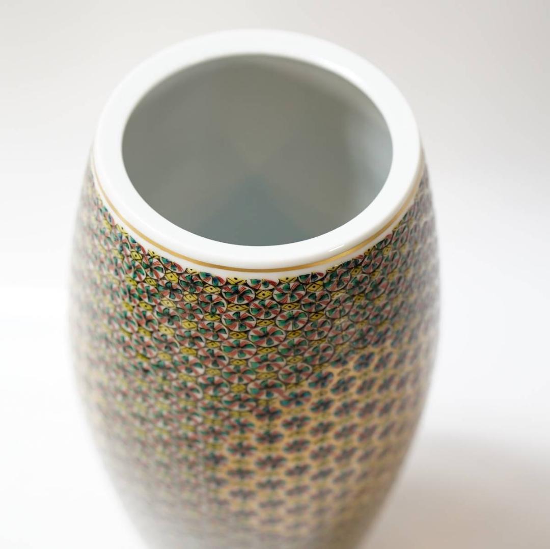 NA3410 九谷焼 北出塔次郎作 錦繍手更紗図 花生 高さ28.5㎝ 2重共箱