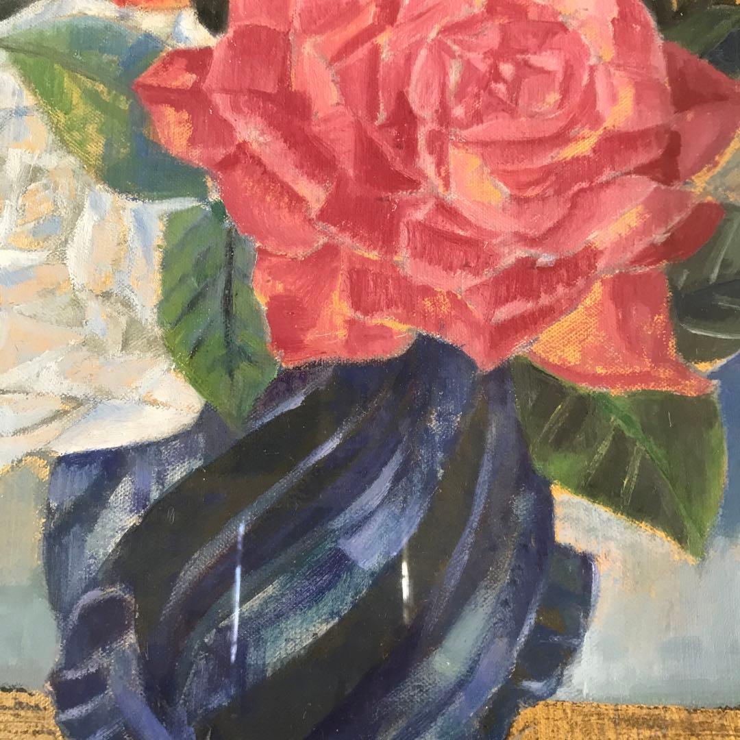 上河辺みち 油彩「ばら」 額装 共シール 1978年 油絵 油画 D