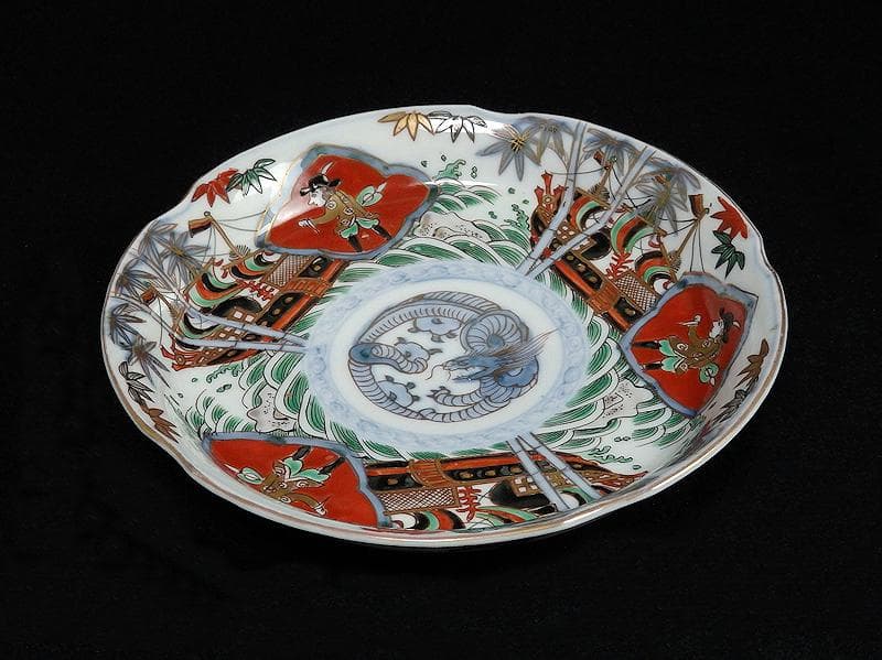 古伊万里　金襴手　五艘船に南蛮人の図　６寸皿　A527AS-BQl