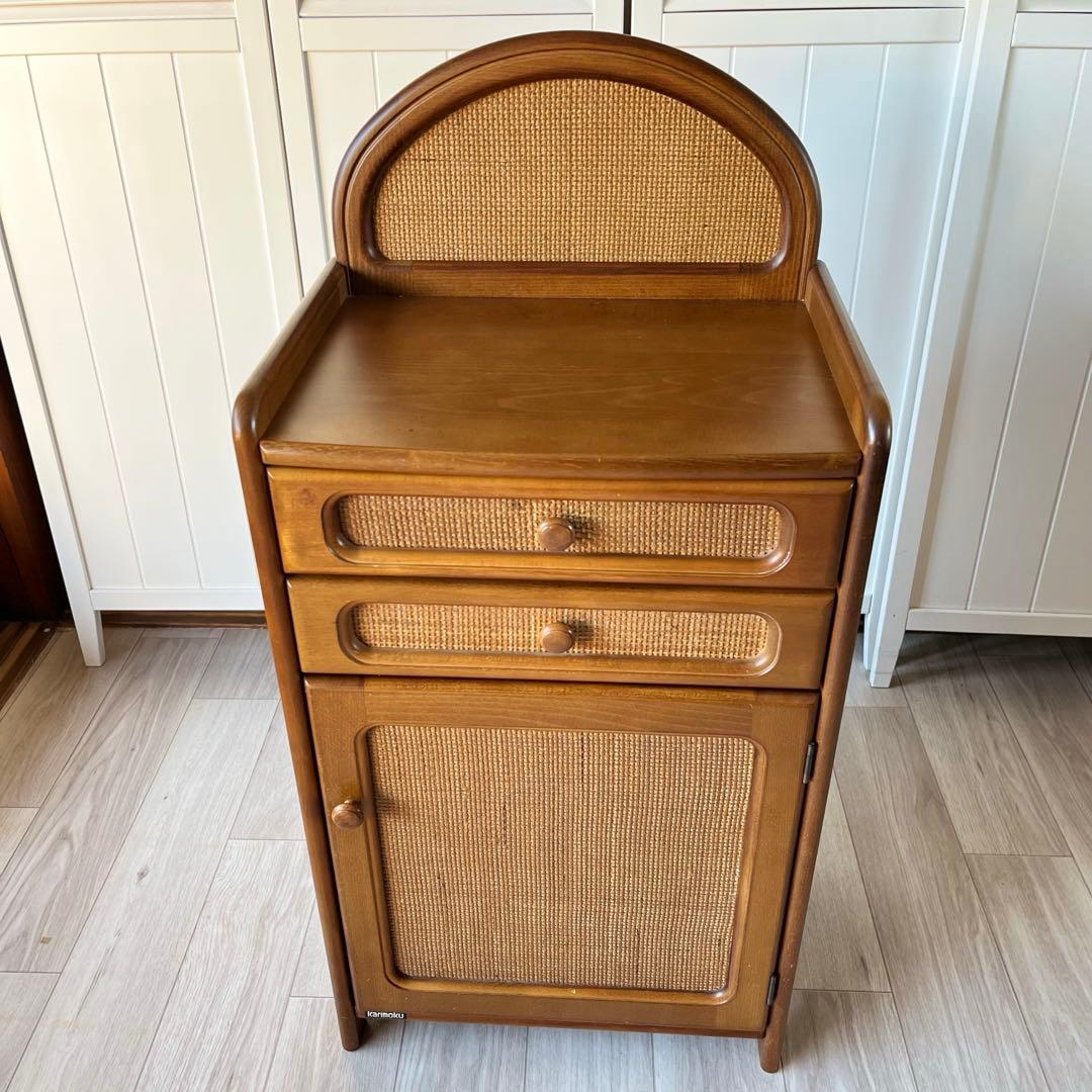カリモク　電話台　収納　チェスト　ラタン風　レトロ　ビンテージ