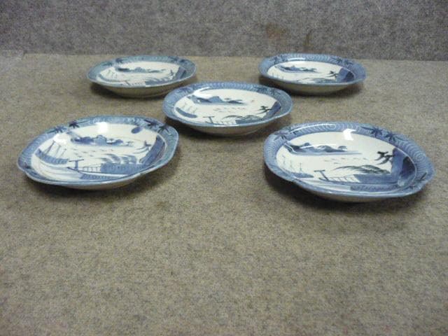 伊万里 海辺の舟 染付 中皿 5枚 [B31367]