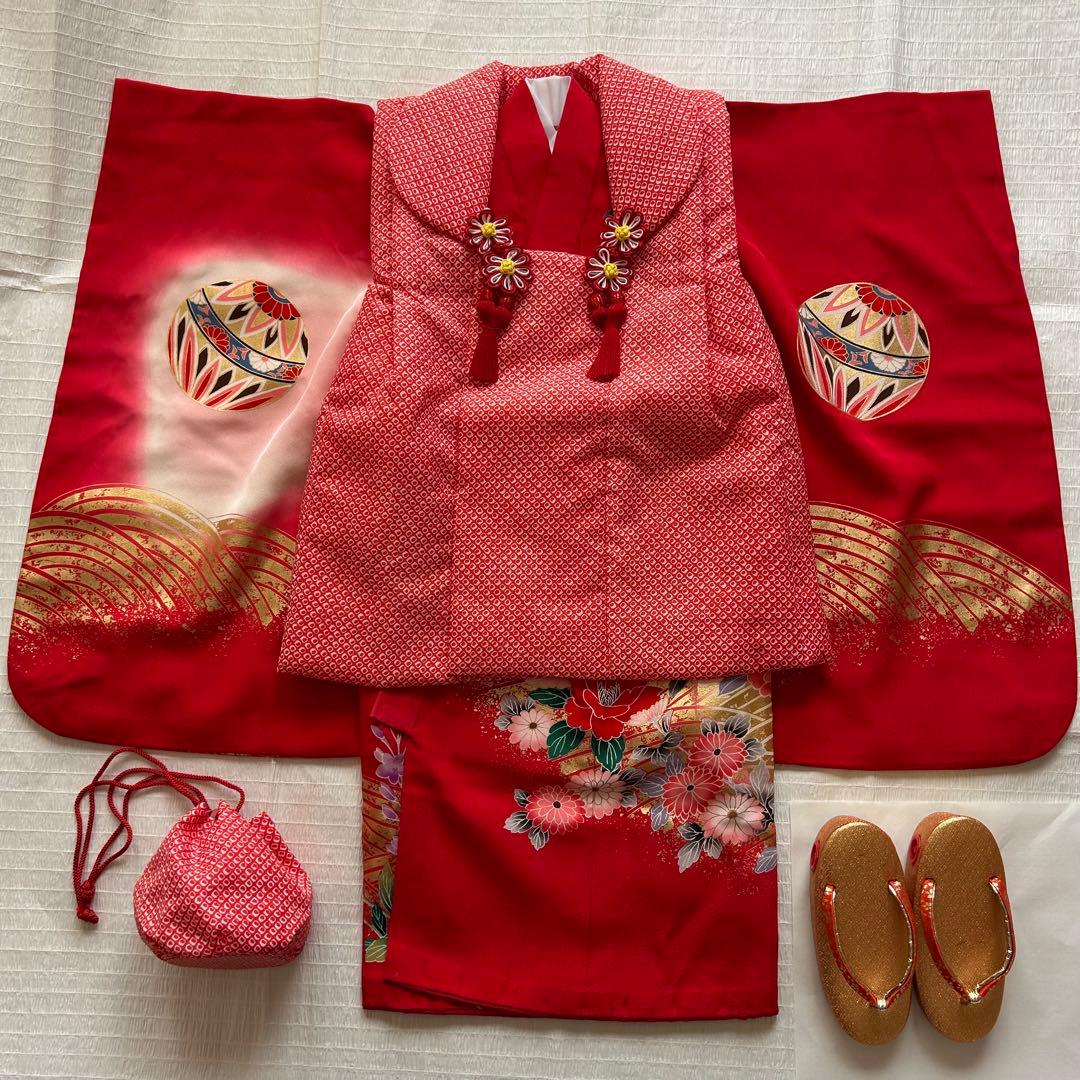 七五三 3歳 着物 絹 被布 絞り柄 三歳 赤 草履 753 巾着