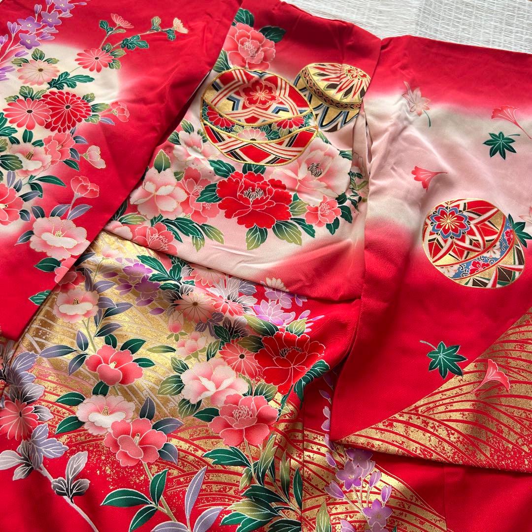 七五三 3歳 着物 絹 被布 絞り柄 三歳 赤 草履 753 巾着