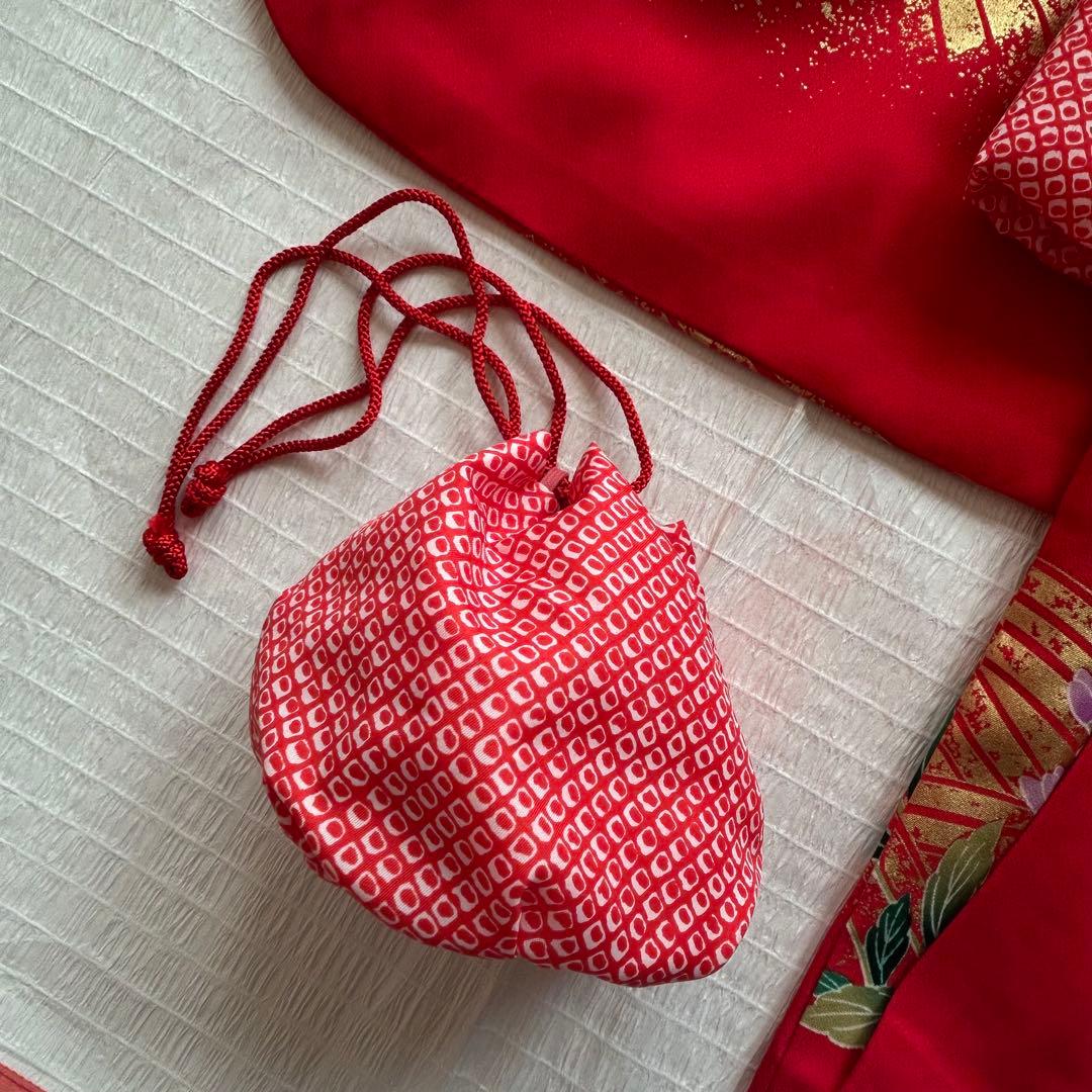 七五三 3歳 着物 絹 被布 絞り柄 三歳 赤 草履 753 巾着