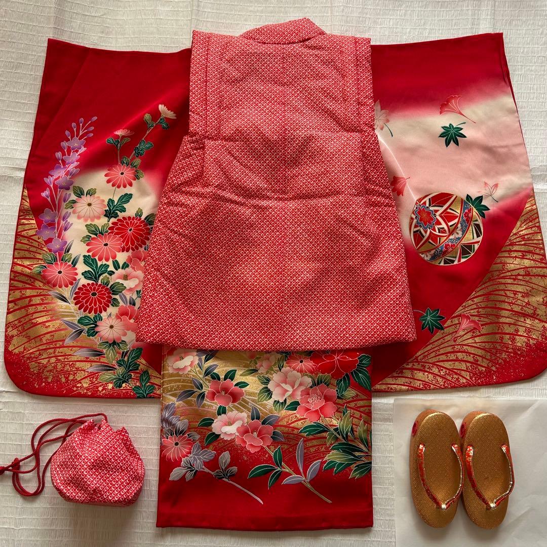七五三 3歳 着物 絹 被布 絞り柄 三歳 赤 草履 753 巾着