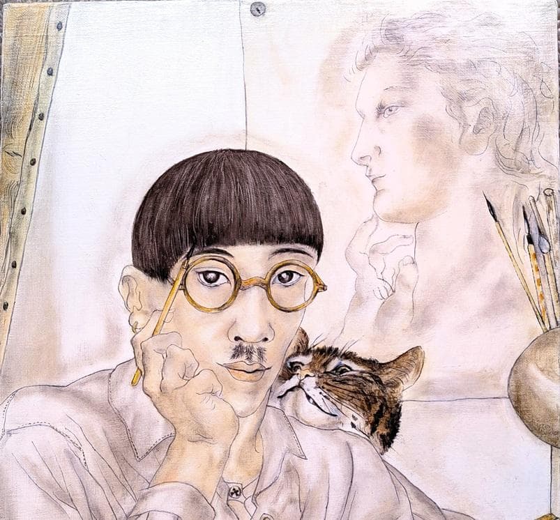 伊藤和生　藤田嗣治作「アトリエの自画像]リヨン美術館所蔵　油彩画にて模写 　額装