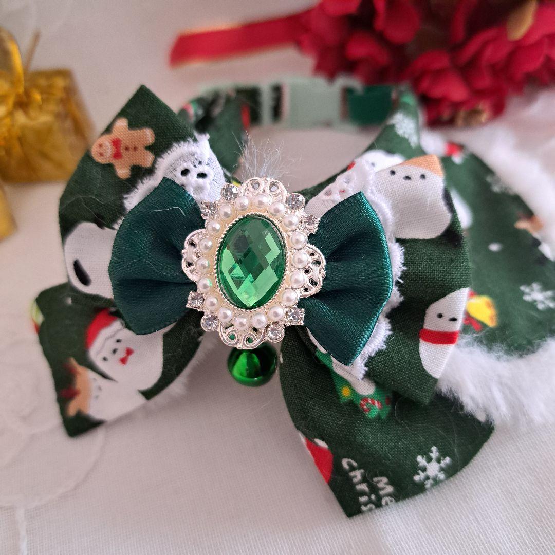クリスマスシリーズ(緑シマナガエ)わんちゃん猫ちゃん用襟つき首輪