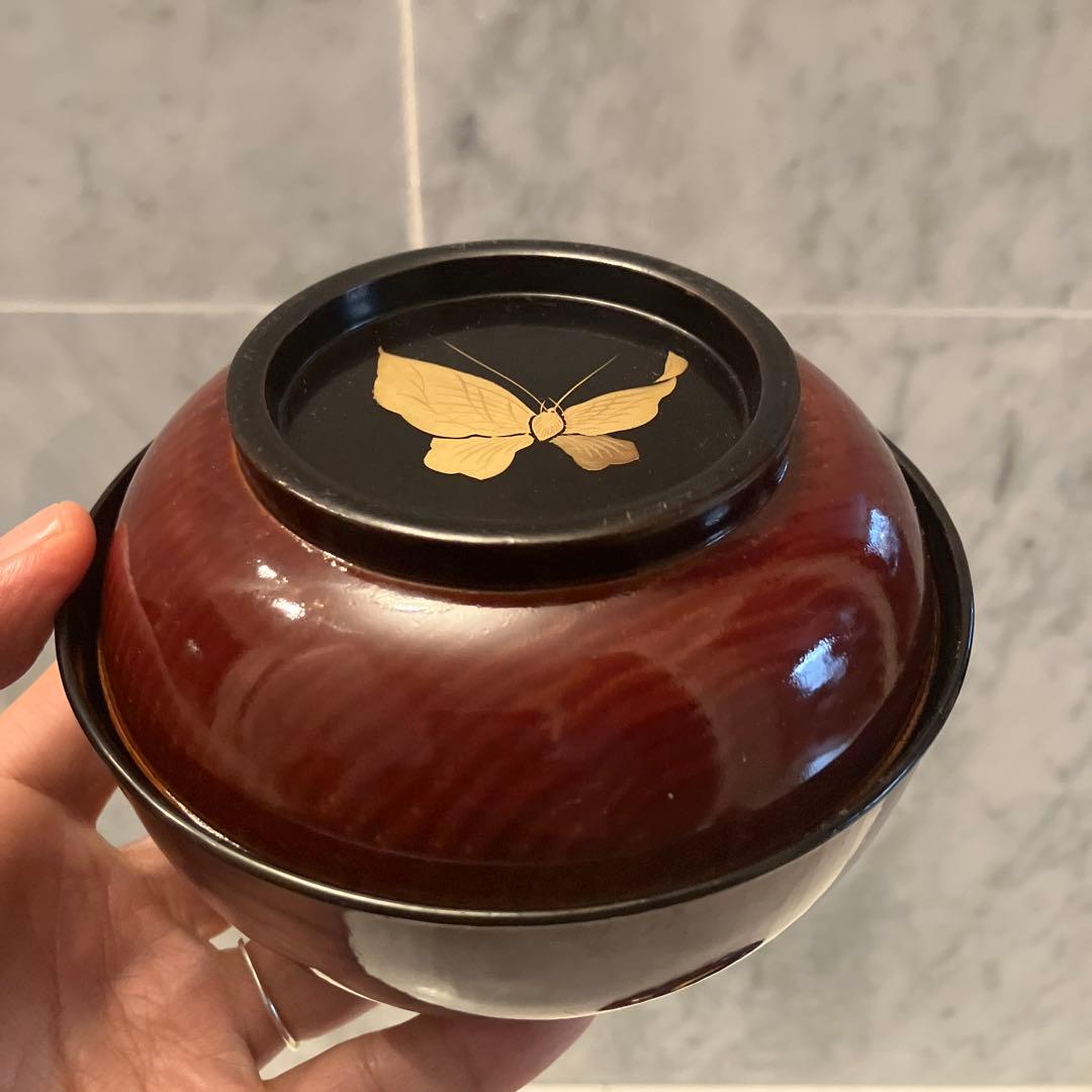 ユリコ様アンティーク明治　金彩の蝶々や牡丹の花が美し過ぎる木製輪島漆塗りお椀2客