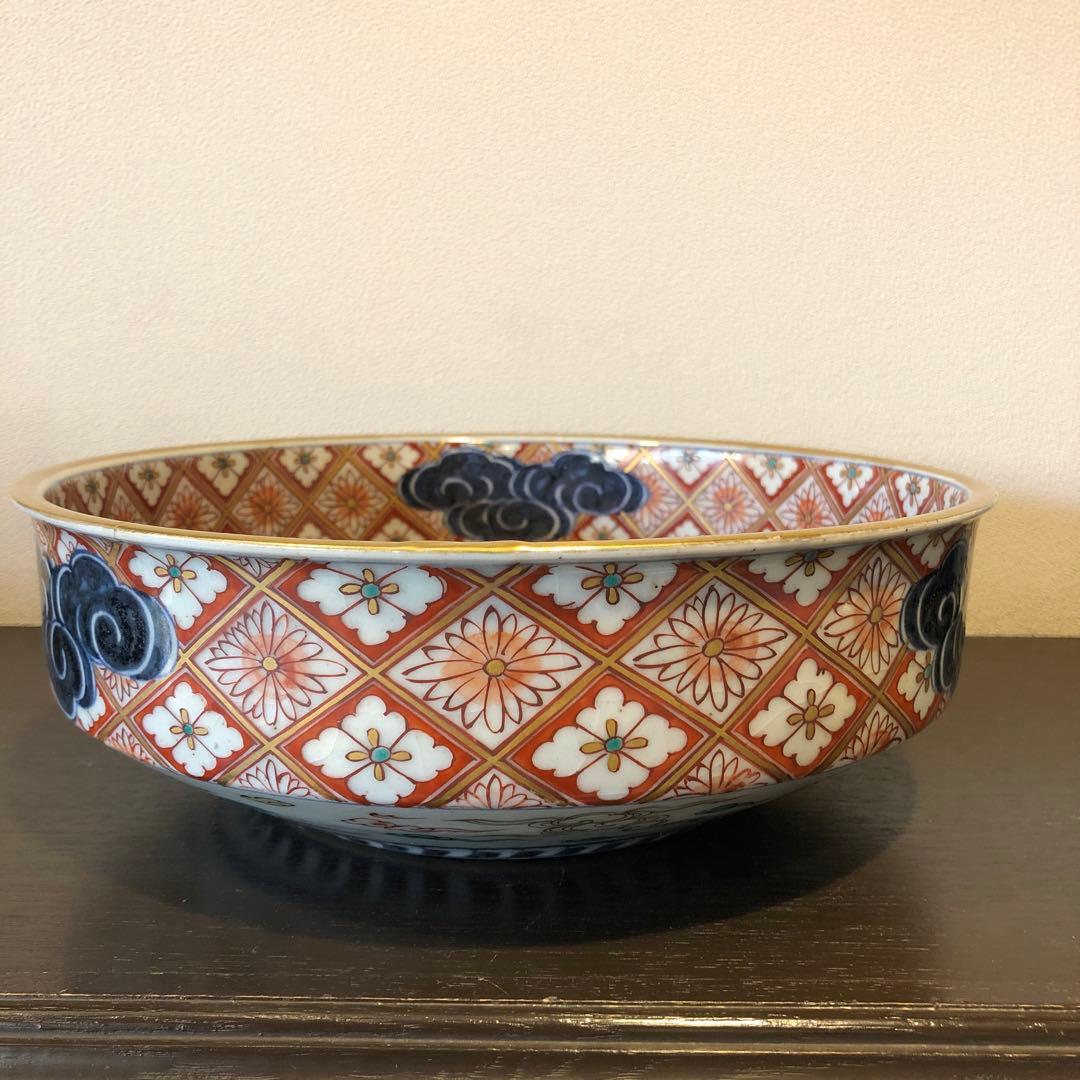 伊万里焼　赤絵雲鶴文大鉢　金蘭手　飾り鉢　煮物鉢　明治時代　木箱入