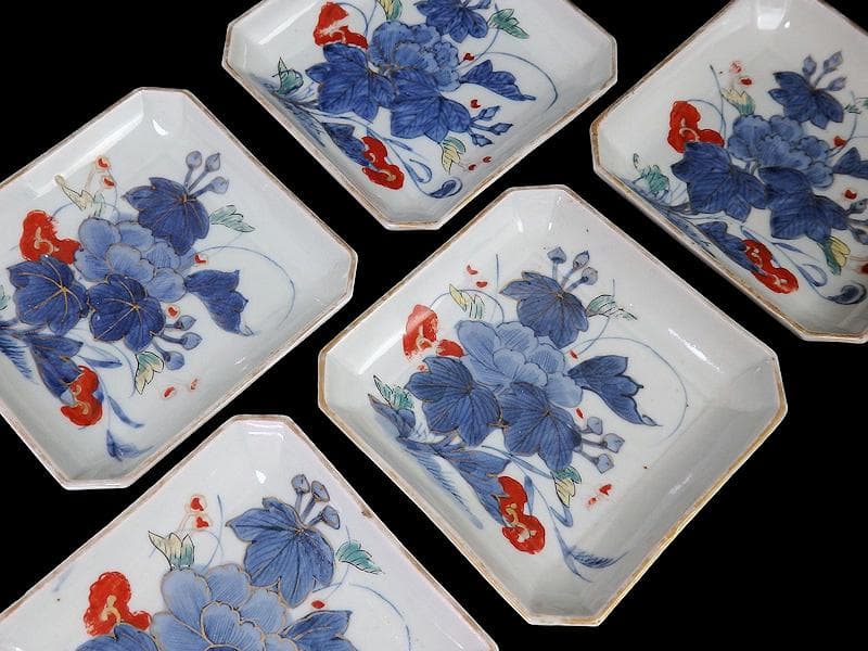 古伊万里　染錦　牡丹の図　角皿　５枚　131AS-CWz