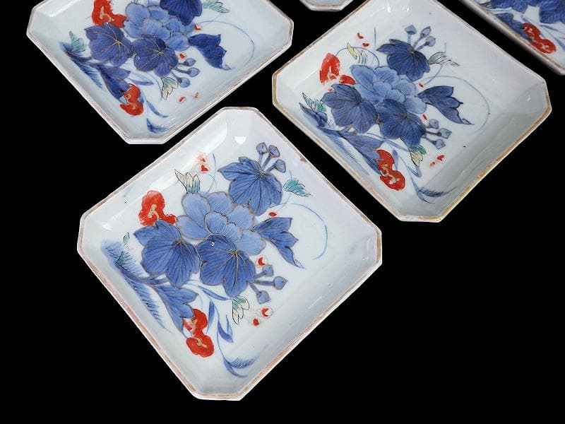 古伊万里　染錦　牡丹の図　角皿　５枚　131AS-CWz