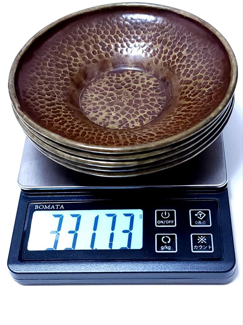 黄銅圓形 托子 金谷五郎三郎 鎚目 5客 共箱　煎茶道具 金属工芸