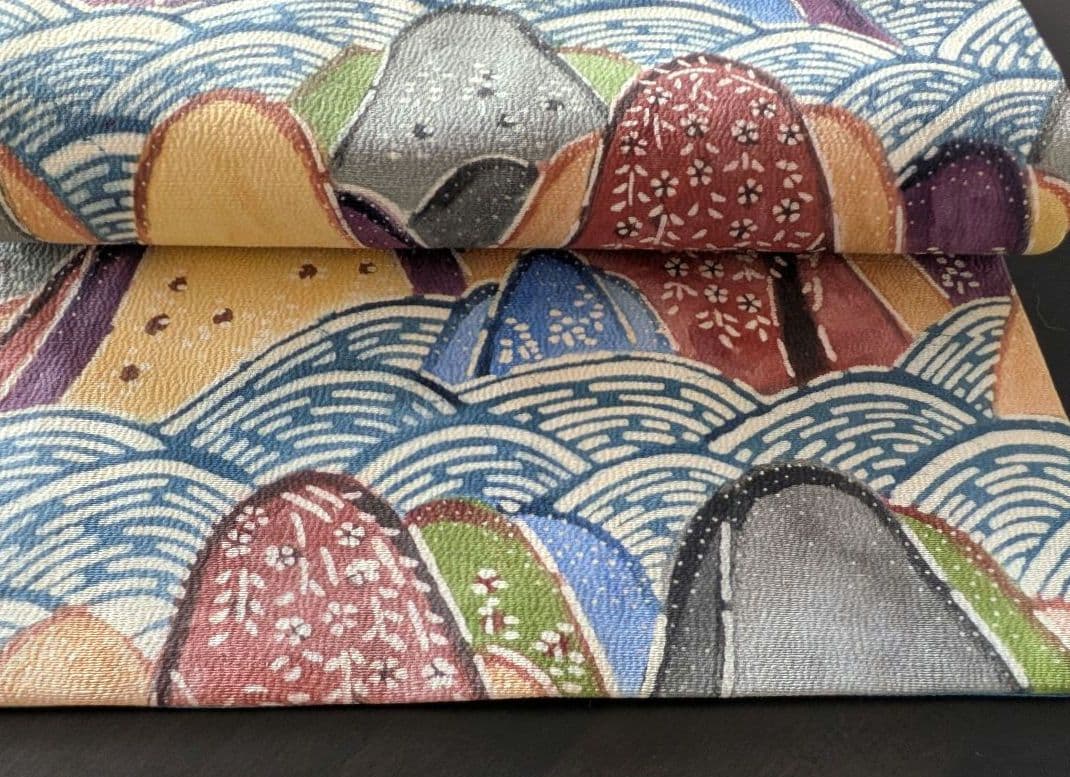 正絹　紬　紅型染め名古屋帯　遠山