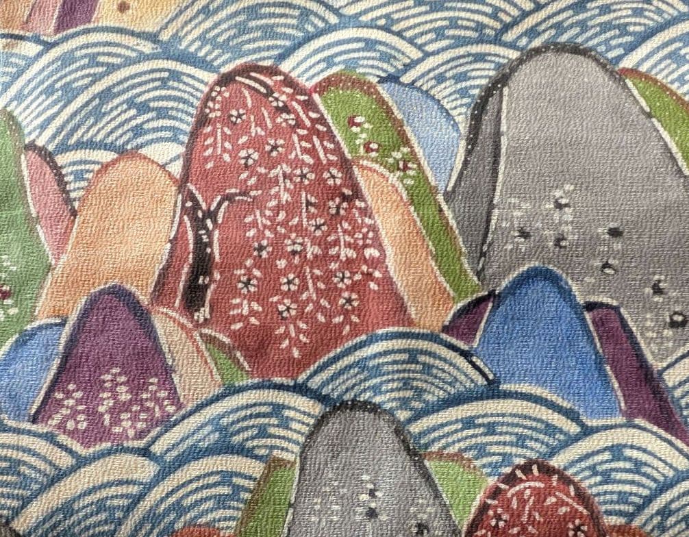 正絹　紬　紅型染め名古屋帯　遠山