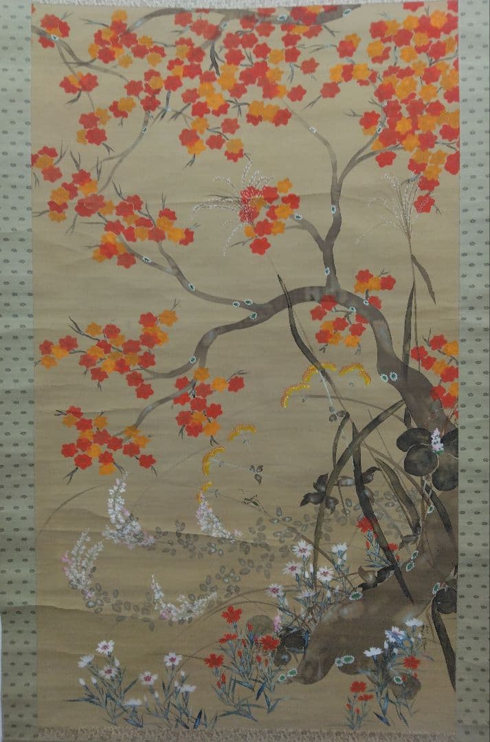 酒井抱一「紅葉と秋虫」絹本　大幅　掛軸