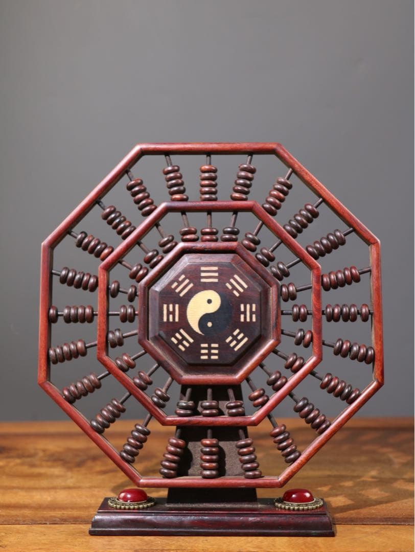 旧蔵　時代物　赤木製　八卦算盤　そろばん　運気が上昇回転屏風付きの飾り品 置物