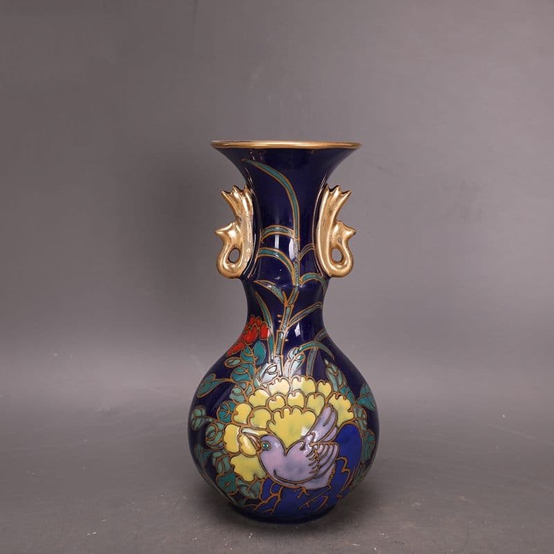 宋汝窯蒔絵景泰藍彩画花鳥如意花瓶 景徳鎮 陶磁器 装飾品 現代工芸品美術品 置物