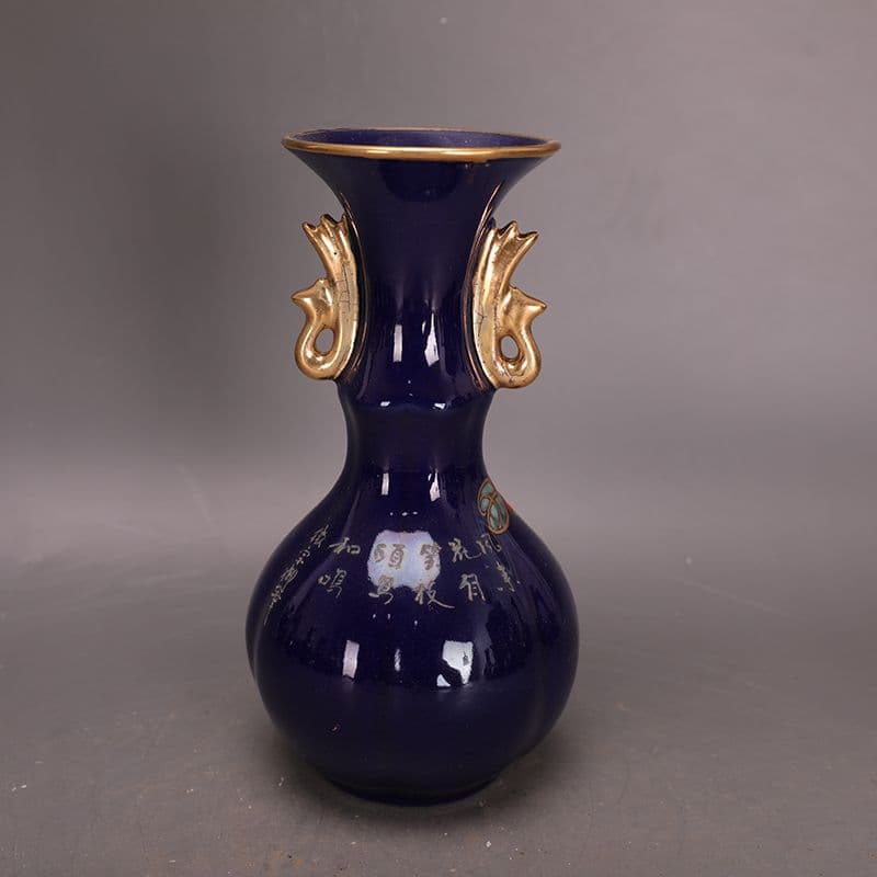 宋汝窯蒔絵景泰藍彩画花鳥如意花瓶 景徳鎮 陶磁器 装飾品 現代工芸品美術品 置物