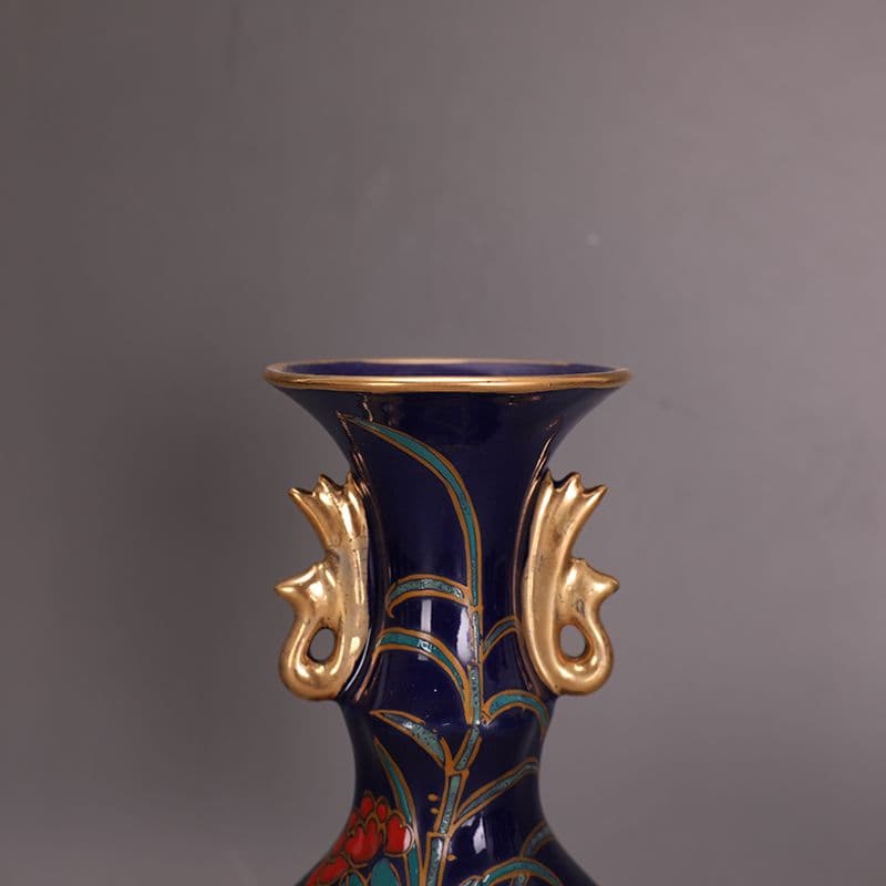宋汝窯蒔絵景泰藍彩画花鳥如意花瓶 景徳鎮 陶磁器 装飾品 現代工芸品美術品 置物