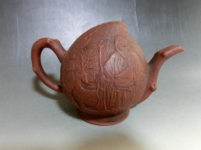 水注■朱泥水注 桃実壺 水次 人物絵 桃型 急須 水滴 古玩 唐物 中国骨董品■