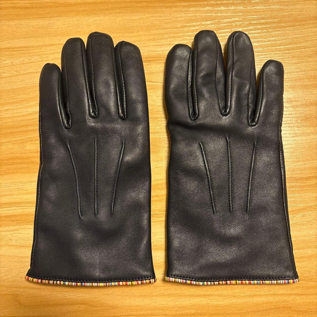 Paul Smith 濃青 シグネチャーストライプパイピングレザーグローブ