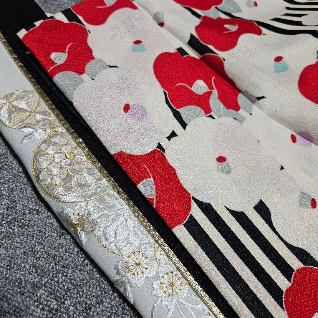 黒ストライプ椿柄振り袖+袋帯の２点セット　新品