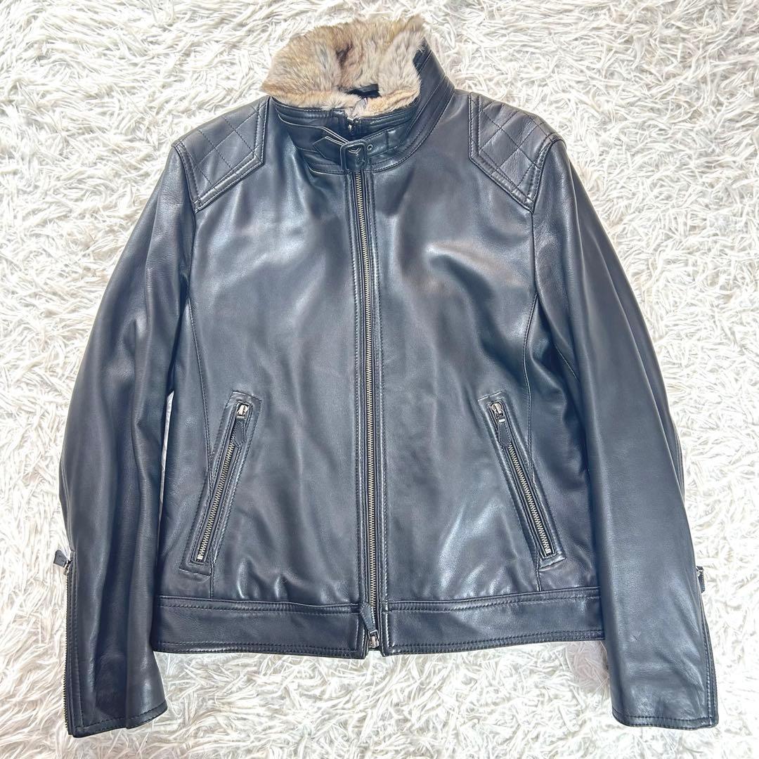 バーバリーブラックレーベル　レザージャケット　羊革　ラビットファー　XL 黒