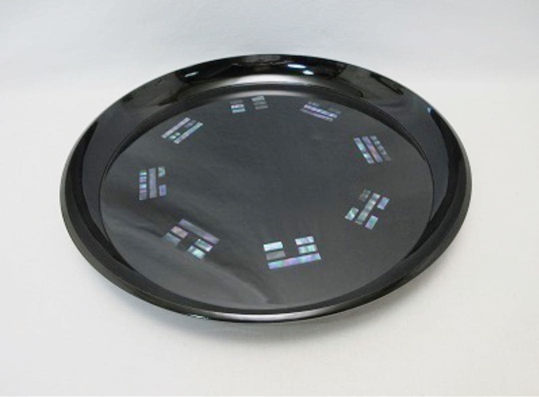 未使用 茶道具 黒塗 八卦盆 螺鈿細工 丸盆 青貝 元箱