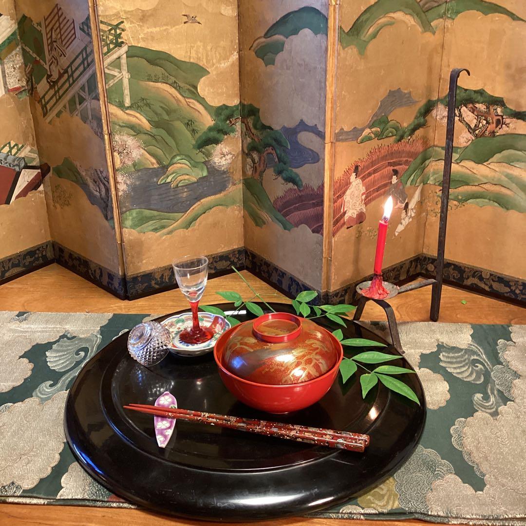 A903木製輪島塗　懐石道具　赤　古典風景蒔絵　『塗師銘仁左衛門』　4客