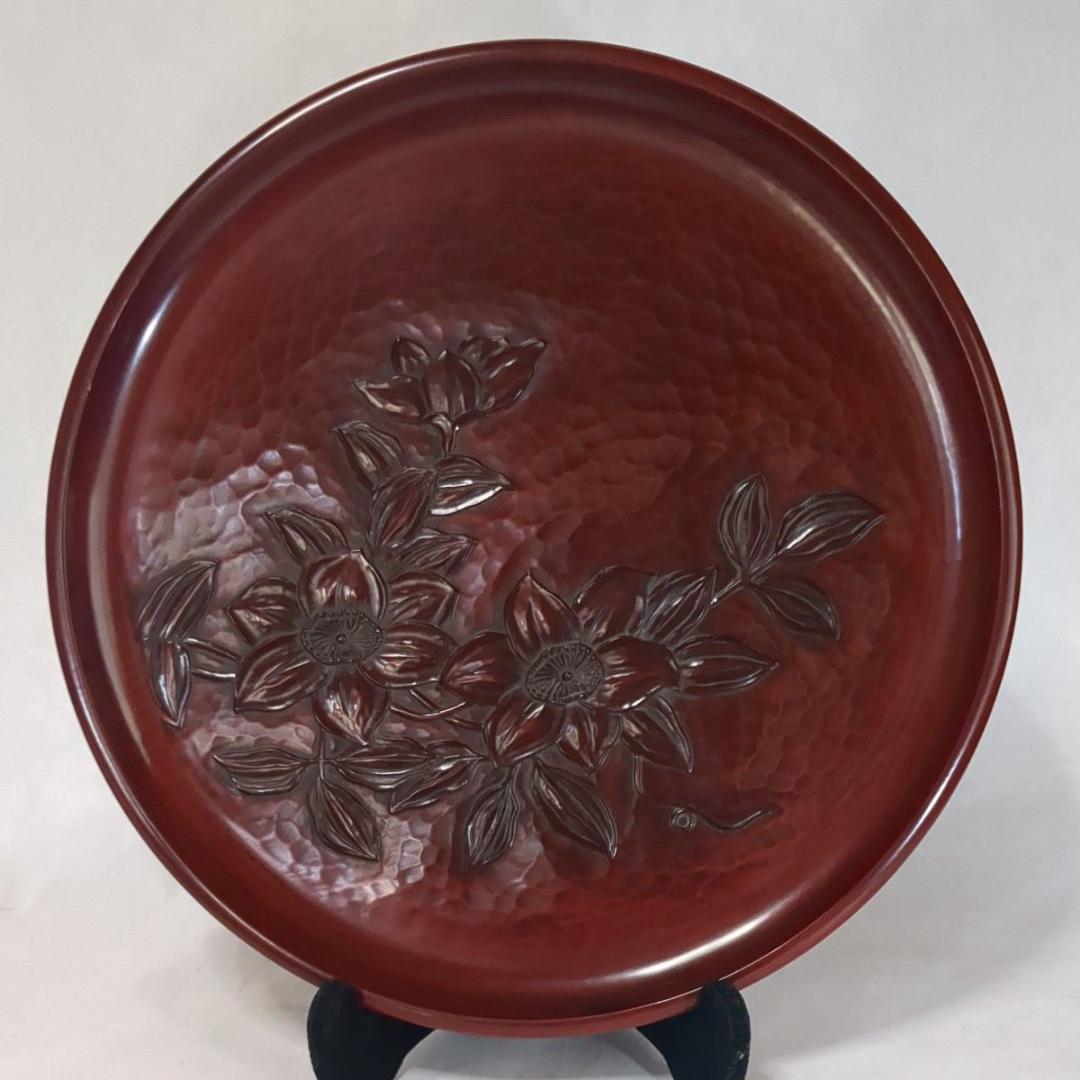 鎌倉彫 丸盆12寸(直径36.5cm) 鉄線柄 花柄 大サイズ木製盆 極美品