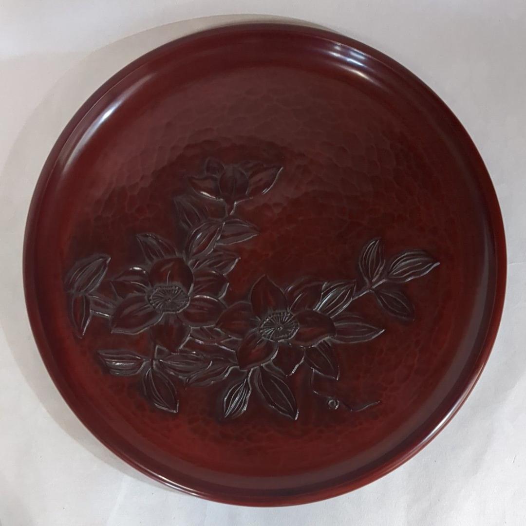 鎌倉彫 丸盆12寸(直径36.5cm) 鉄線柄 花柄 大サイズ木製盆 極美品