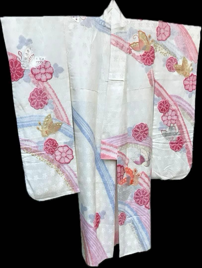 千總　振袖 白地 蝶と花模様 　刺繍　絞り　金彩　銀彩　正絹