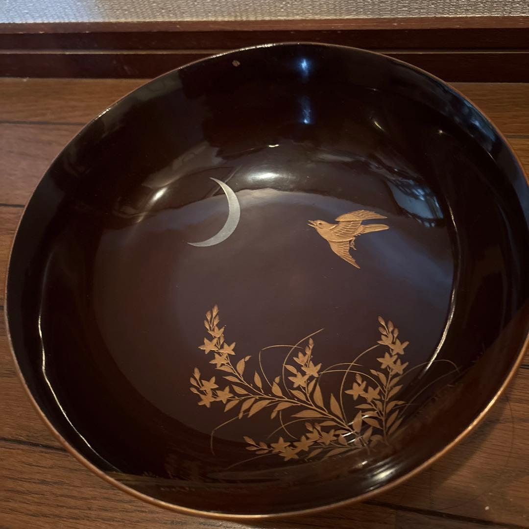 黒塗蒔絵菓子鉢アンティーク大平木箱付き漆器蓋付き金蒔絵風流な絵付けわびさび茶道具